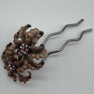 Vintage Rhinestone Floral Hair Pin Signed MRS Mid Century Bun Hair Fork